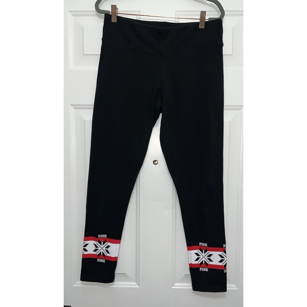 Victoria's Secret Pink Christmas Snowflakes Black Leggings Yoga Pants Large‎